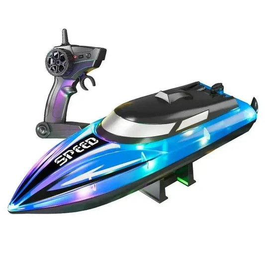 High-speed RC boat with colorful LED lights on water