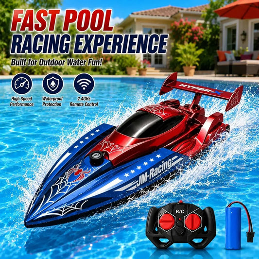 Red and blue RC racing boat for kids with 2.4GHz remote control