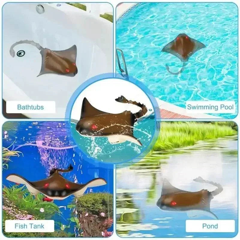 RC Boat Manta Ray brown plastic manta ray-shaped toy shown swimming in bathtubs, pools, ponds and fish tanks