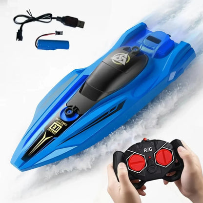 Blue and black remote control boat with sleek design, waterproof and corrosion-resistant carbon fiber, shown with wireless controller and battery pack, perfect for RC Boats Pool Toys
