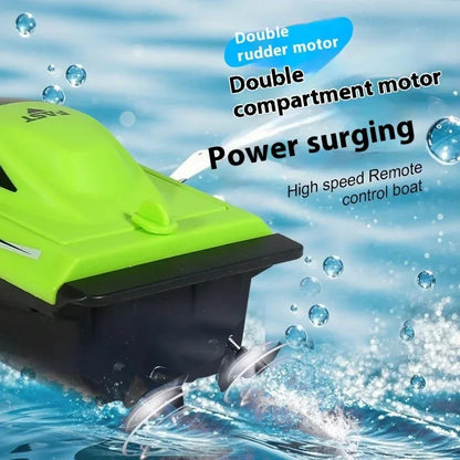 Bright green and black remote control boat with double rudder motors speeding on water, ideal RC Boats Pool Toys