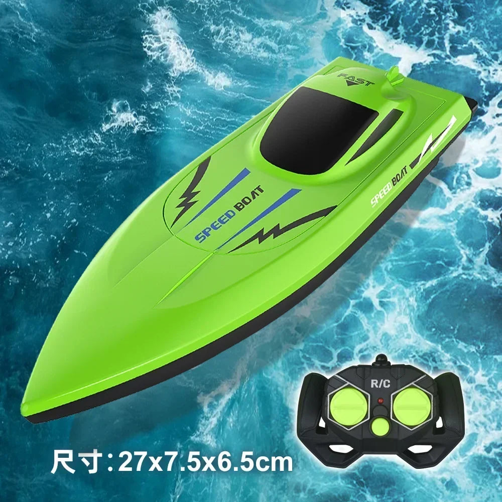 Green remote control speed boat with black and blue details plus black and green wireless controller, an RC Boats Pool Toys product