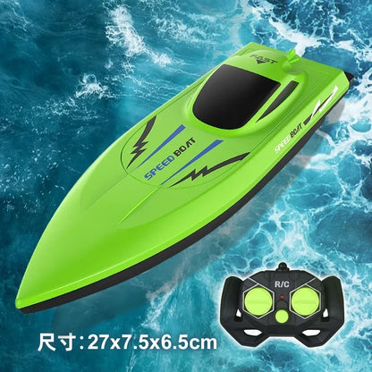 Green remote control speed boat with black and blue details plus black and green wireless controller, an RC Boats Pool Toys product