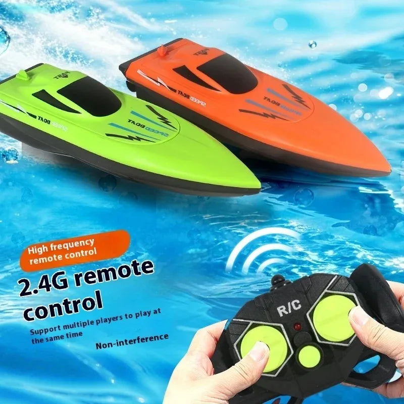 Two waterproof RC Boats Pool Toys in bright orange and neon green with sleek aerodynamic designs and wireless 2.4G remote control in use