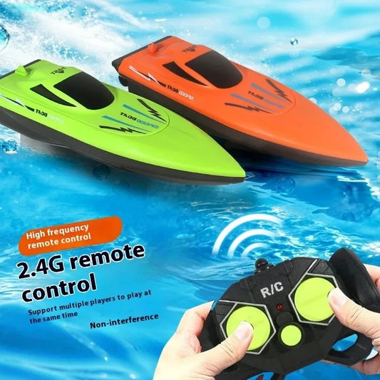 Two waterproof RC Boats Pool Toys in bright orange and neon green with sleek aerodynamic designs and wireless 2.4G remote control in use