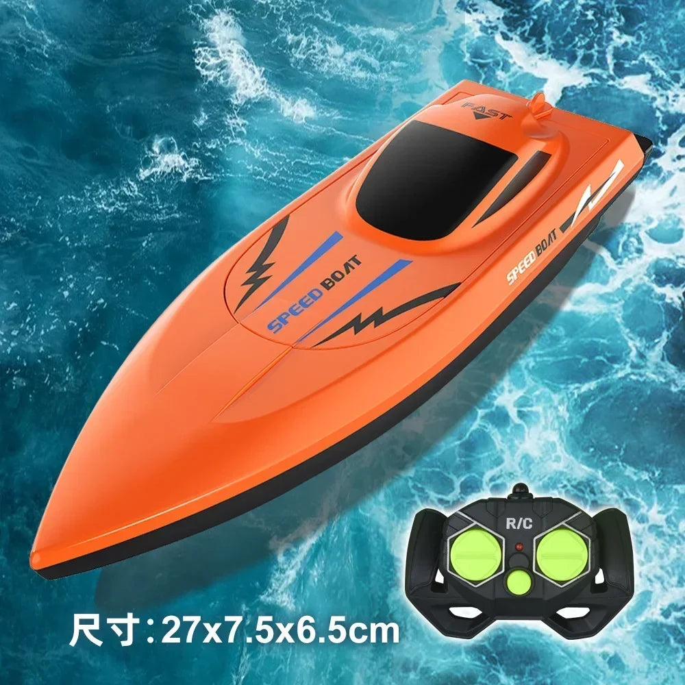 Orange and black remote control speed boat with blue lightning bolt graphics and matching black and green remote control, ideal for RC Boats Pool Toys