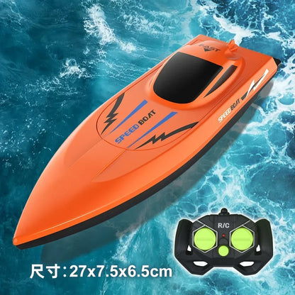 Orange and black remote control speed boat with blue lightning bolt graphics and matching black and green remote control, ideal for RC Boats Pool Toys