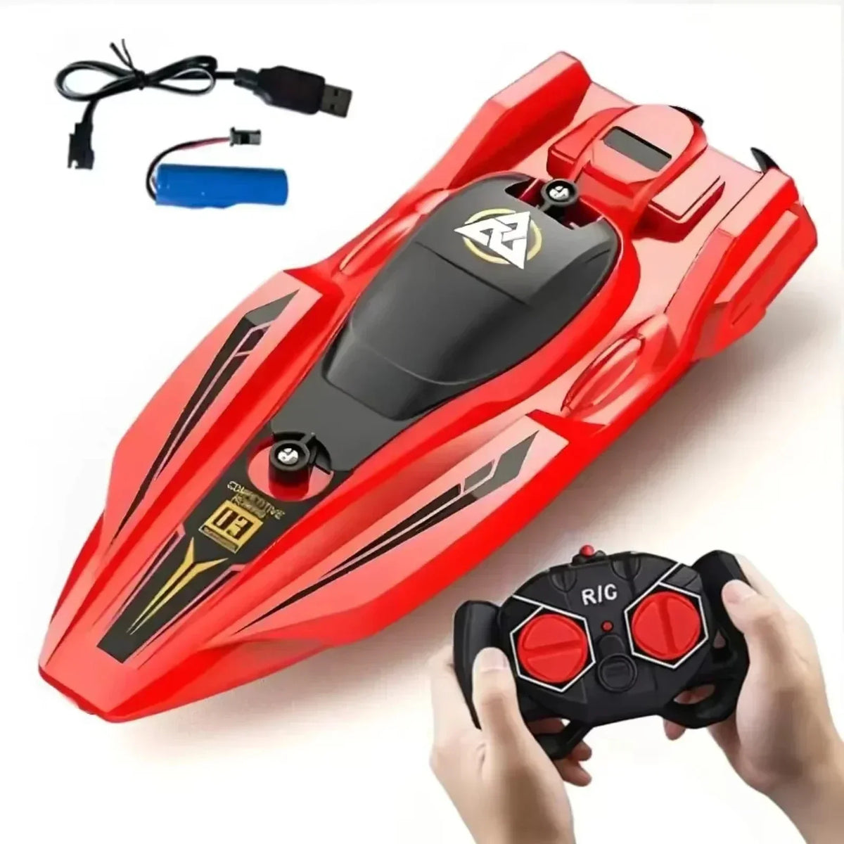remote control boat in red and black with handheld controller and USB charger, waterproof RC Boats Pool Toys for water play