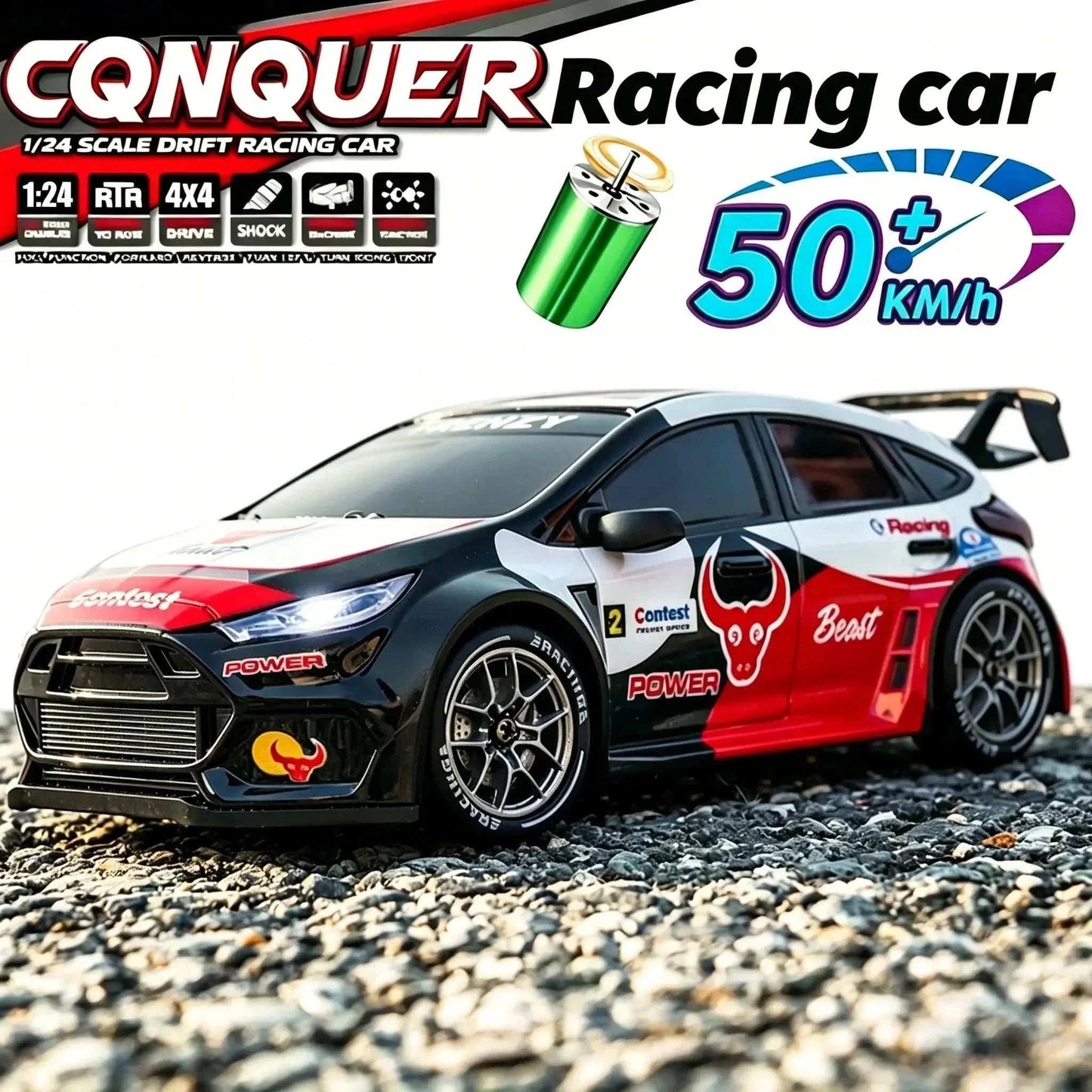 High-performance 1:24 scale RC Car Stunt drifting with 4WD and 50KM/H top speed in black-red design
