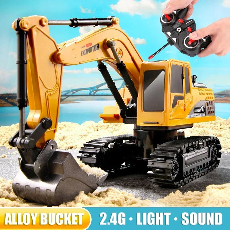 RC Excavator yellow and black alloy and plastic construction toy with movable arm and bucket, operated by 2.4G remote control
