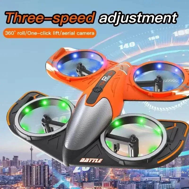 RC Plane RX122 MAX orange and black foam aircraft with four illuminated propeller guards and camera mount