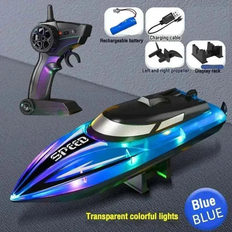 Children playing with 2.4G remote control RC speedboat toy on water