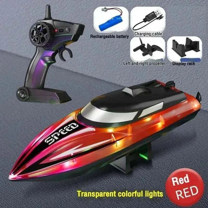 children playing with remote controlled rc speedboat toy on water