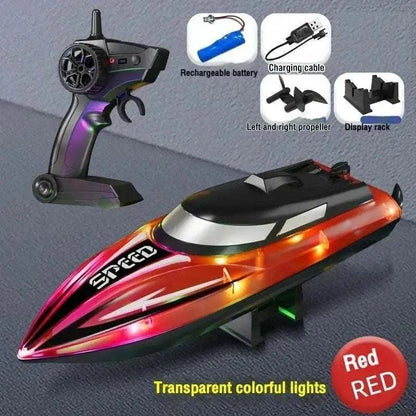 children playing with remote controlled rc speedboat toy on water