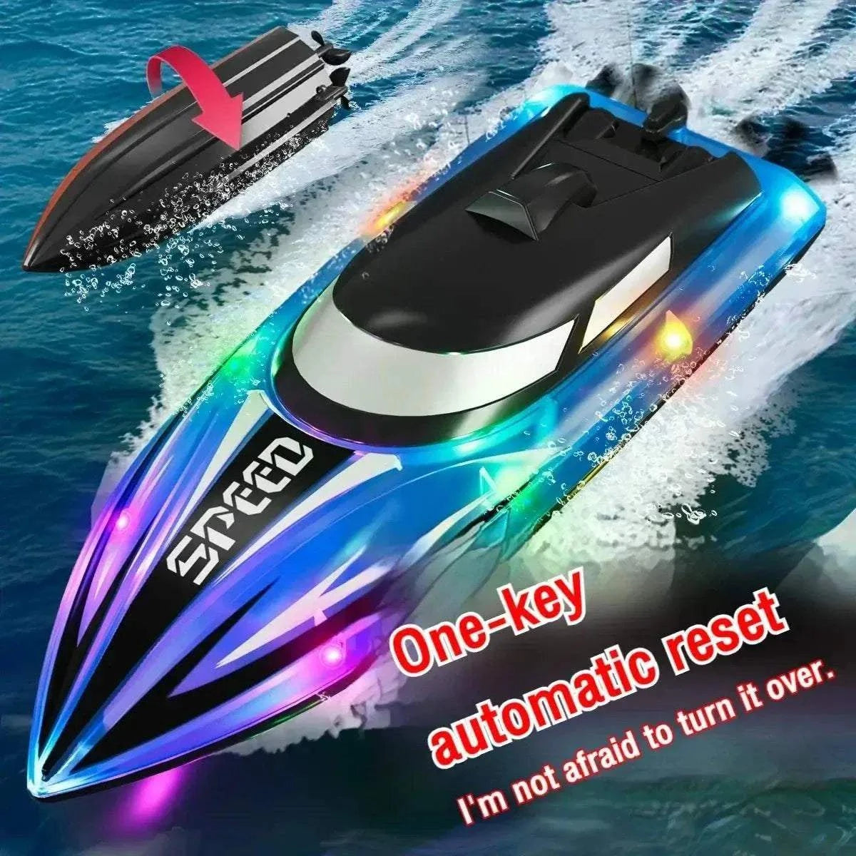 Children playing with remote control RC speedboat on water