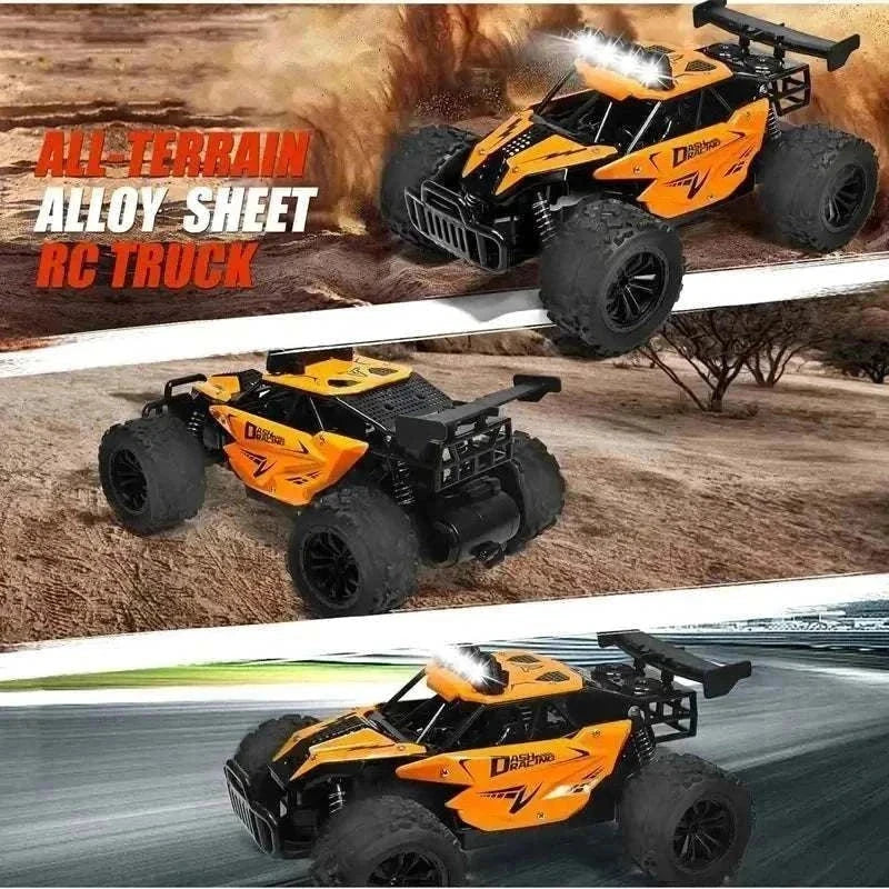 RC vehicle for kids in orange and black, featuring an alloy-style shell, rugged tires, roof lights, and rear spoiler