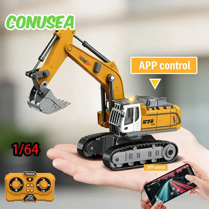 Remote control alloy excavator 1/64 scale model with yellow and grey plastic and metal body, showing APP control on smartphone