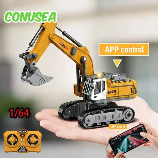 Remote control alloy excavator in yellow and black, with tracked base, articulated arm, bucket, and app control