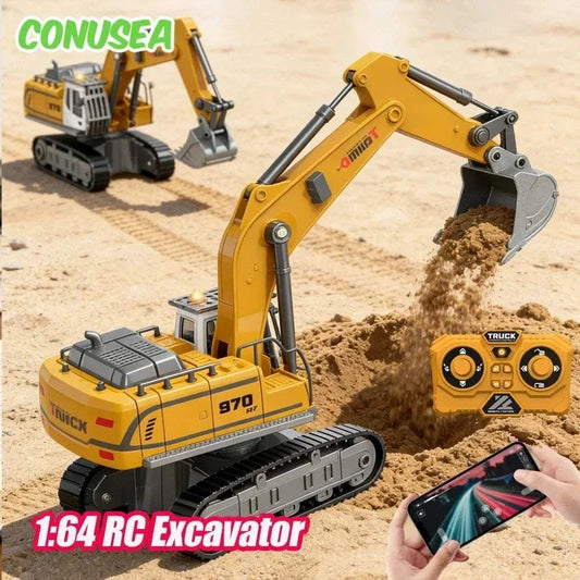 Remote control alloy excavator in yellow metal, black tracked chassis, articulated bucket lifting sand