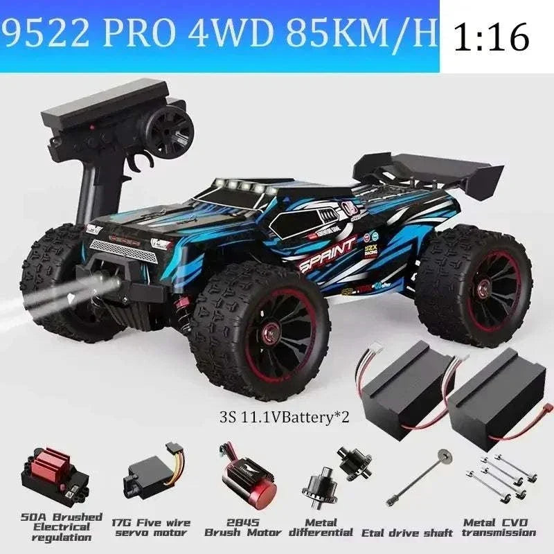 remote control car in black and blue with chunky tyres, rear spoiler, brushless motor and metal differential parts