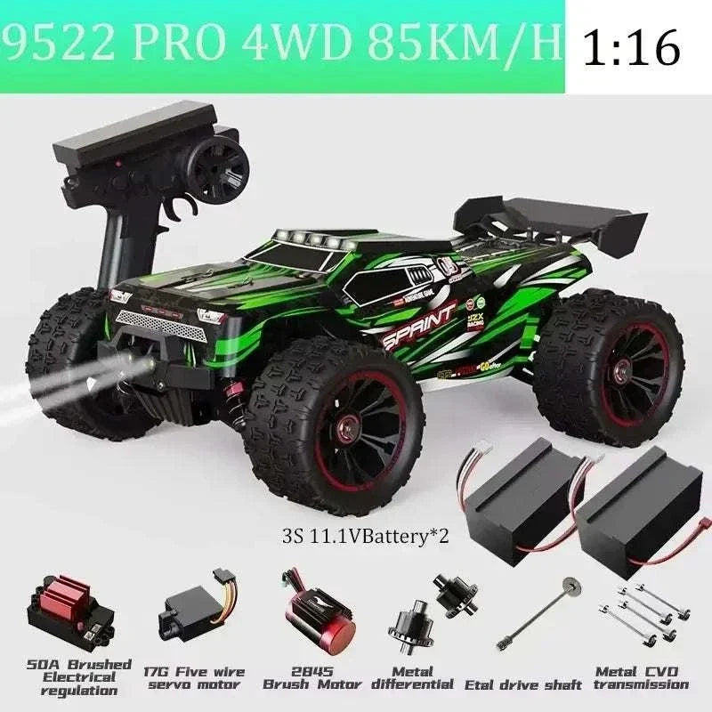remote control car with black and bright green body, rugged off-road tyres, red accents and rear spoiler