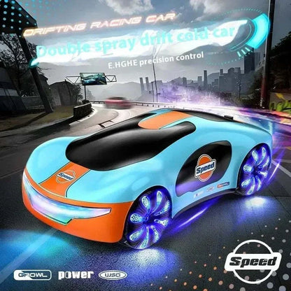 Remote Control Concept Cars drift vehicle in blue and orange plastic with glowing wheels and futuristic aerodynamic body
