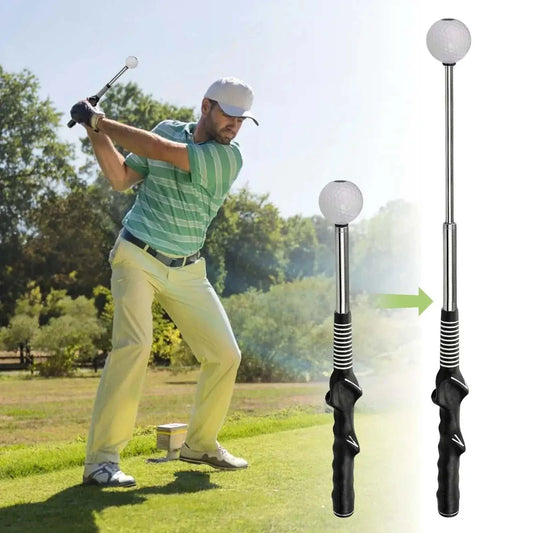 Retractable golf swing trainer with click feedback and anti-slip grip