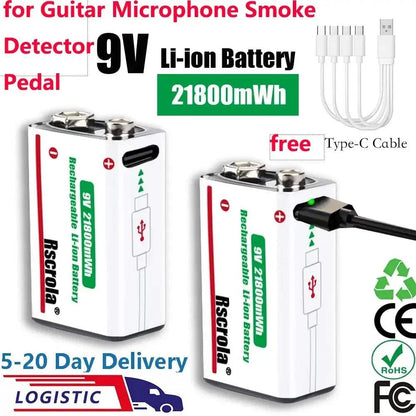 Rscrola 21800mWh 9V lithium rechargeable battery with USB Type-C charging