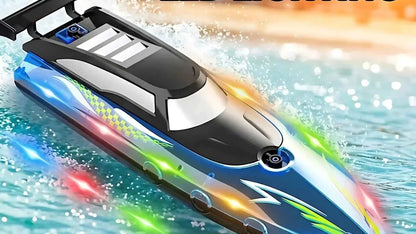 Red high speed remote control speedboat with LED lights on water at night