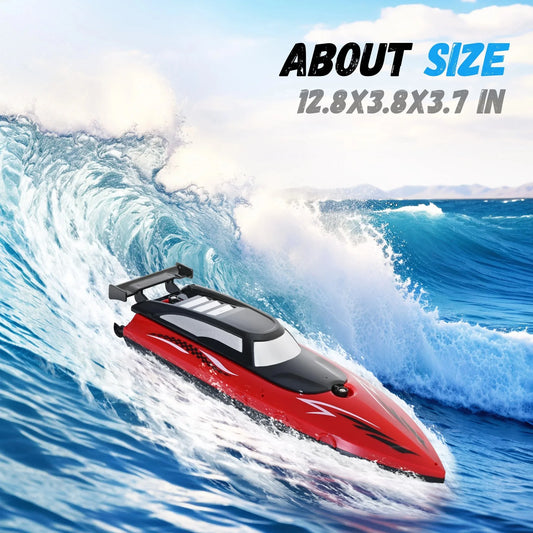 Speedboat toy in red and black plastic with aerodynamic design and twin propellers on blue ocean waves