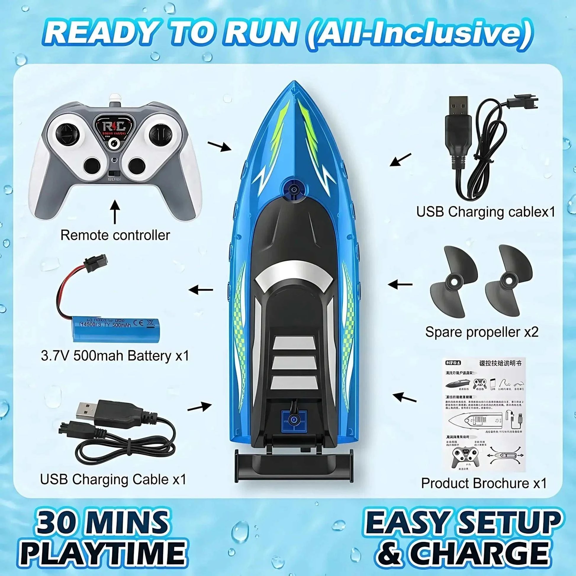 High speed remote control boat ready to run with controller, battery, USB charger, and spare propeller.