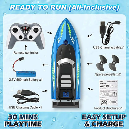 High speed remote control boat ready to run with controller, battery, USB charger, and spare propeller.