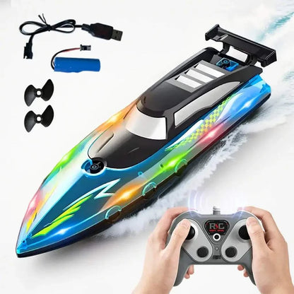 High speed remote control boat illuminated with LED lights, dual motors for fast water racing, includes remote control.