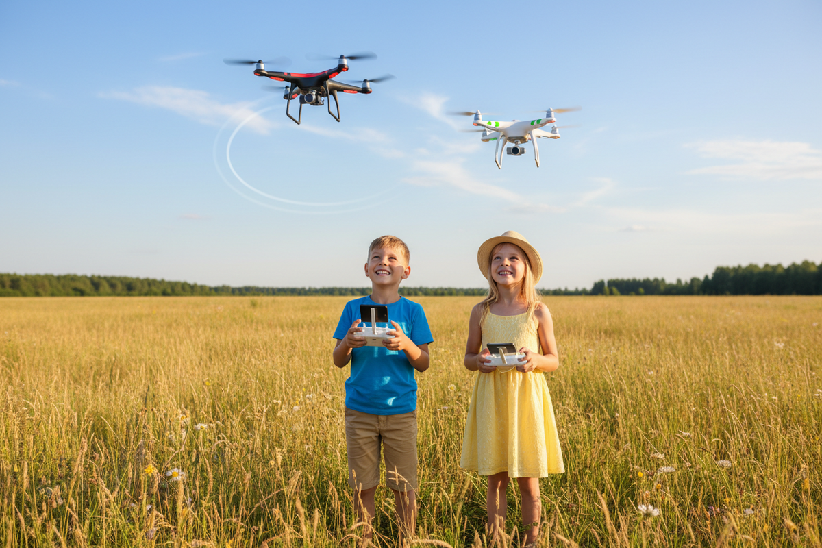 Two children standing in a grassy field under a blue sky, each holding a remote control with a drone flying above them.