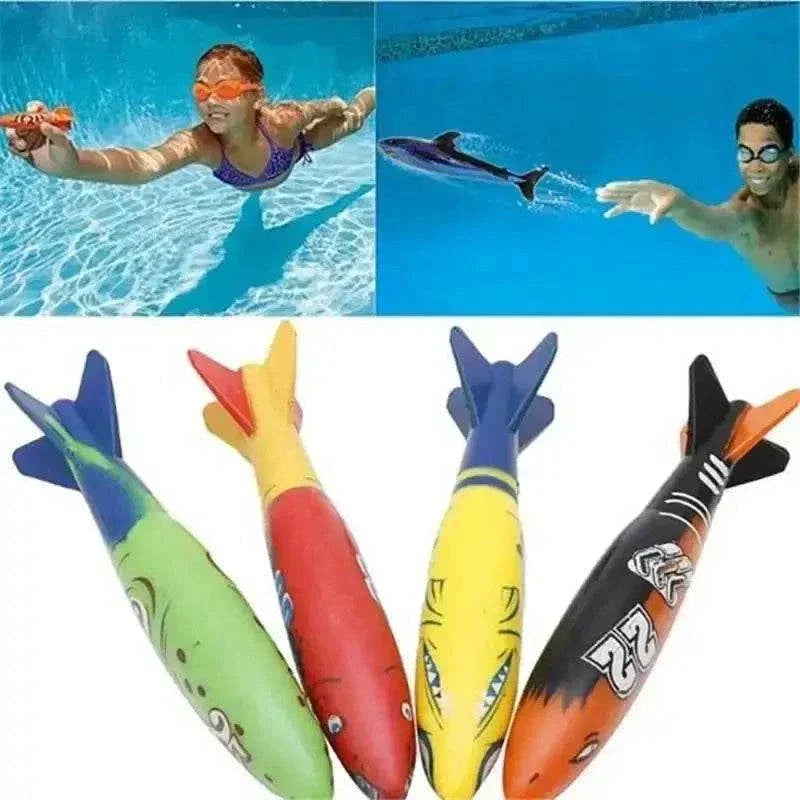 Colorful underwater throwing toy torpedo for kids in swimming pool