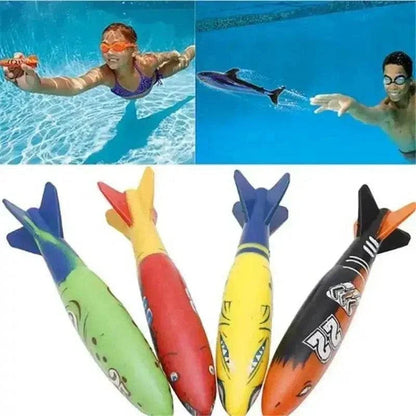 Colorful underwater throwing toy torpedo for kids in swimming pool